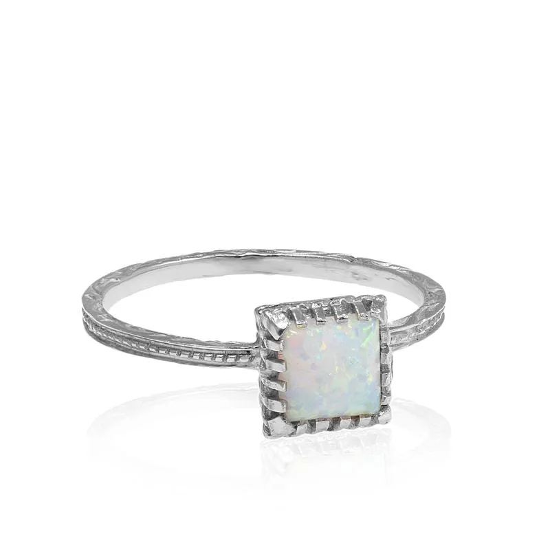 14K White Gold Square White Opal 6X6mm Ring