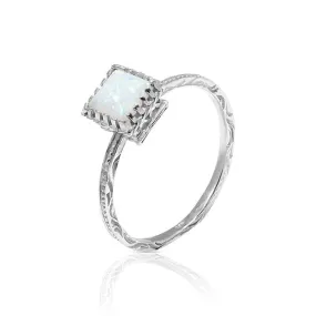 14K White Gold Square White Opal 6X6mm Ring