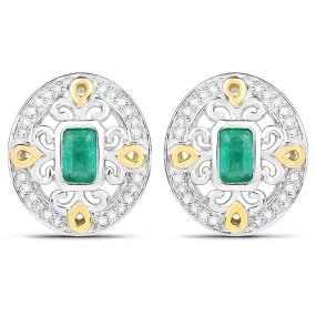 14K Yellow Gold with .925 Sterling Silver 0.69 Carat Genuine Zambian Emerald and White Diamond Earrings