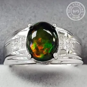 1.70 CT ETHIOPIAN OPAL & CREATED WHITE SAPPHIRE  925 STERLING SILVER ADJUSTABLE MENSRING