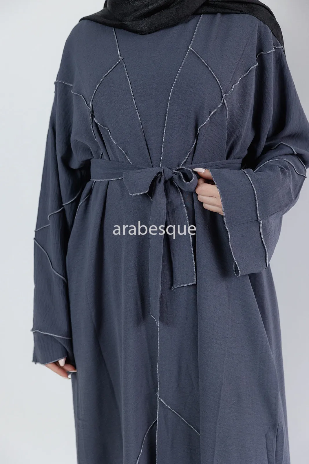 4 Piece set Crushed Polyester Open Abaya