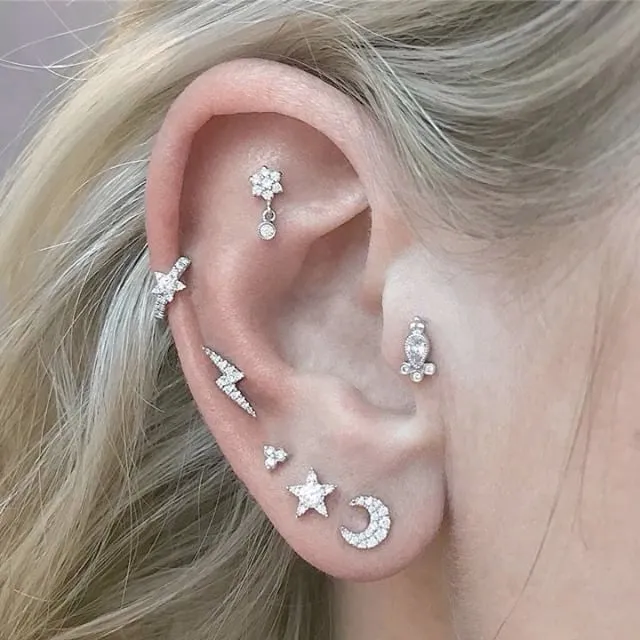 4.5mm Diamond Flower and Dangle Threaded Stud Earring by Maria Tash in 14K White Gold. Flat Stud.