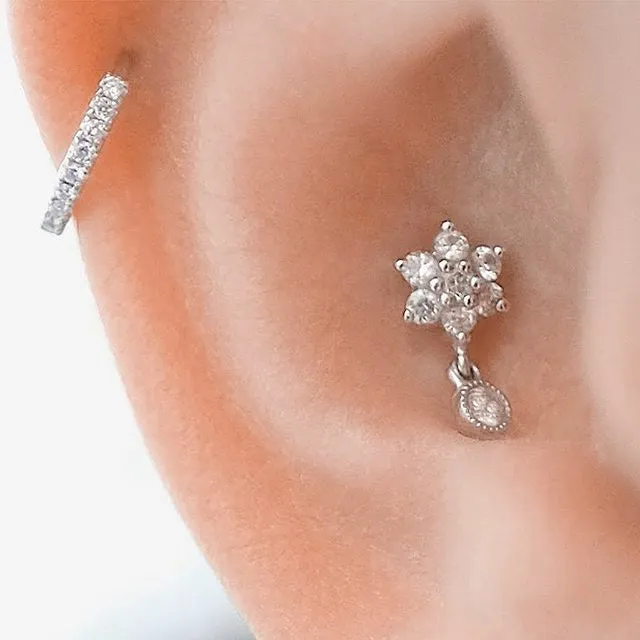 4.5mm Diamond Flower and Dangle Threaded Stud Earring by Maria Tash in 14K White Gold. Flat Stud.