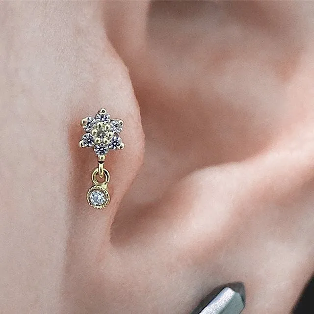 4.5mm Diamond Flower and Dangle Threaded Stud Earring by Maria Tash in 14K White Gold. Flat Stud.