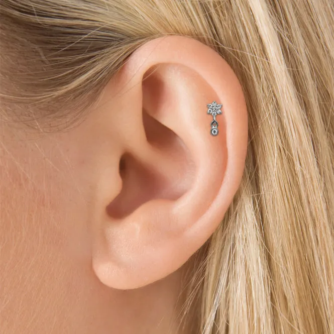 4.5mm Diamond Flower and Dangle Threaded Stud Earring by Maria Tash in 14K White Gold. Flat Stud.