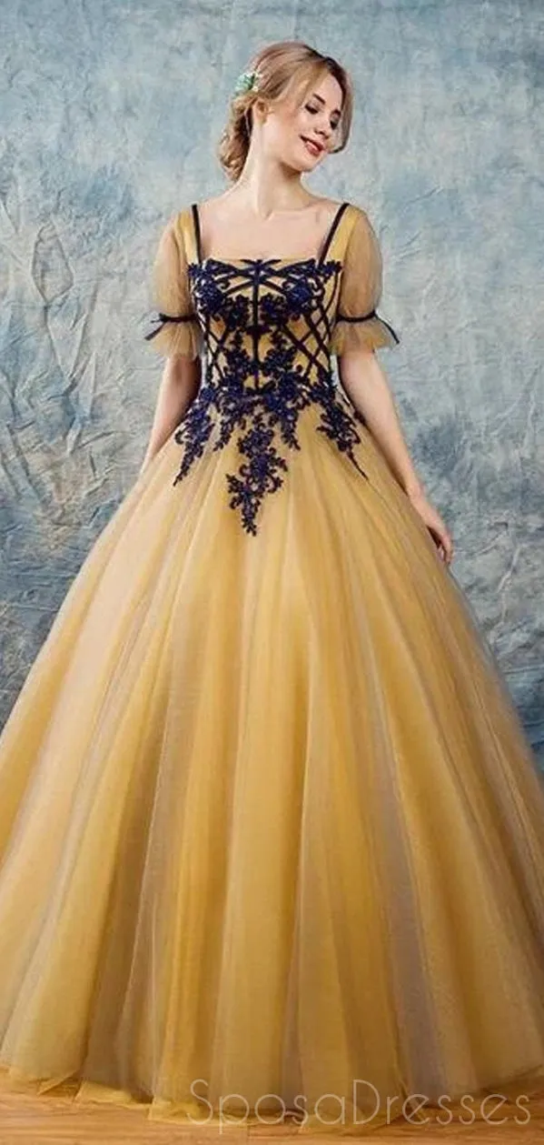 A-line Half Sleeves Gold Tulle Long Prom Dresses, Sweet 16 Prom Dresses, 12359