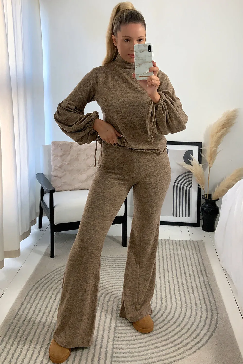 Afiyah Brown High Neck Top and Flare Trouser Knitted Co-Ord Set