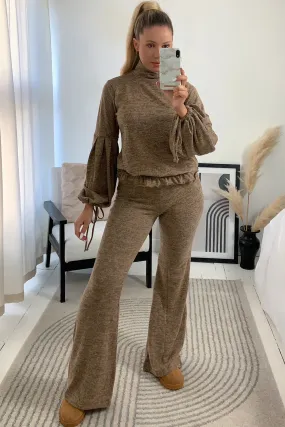 Afiyah Brown High Neck Top and Flare Trouser Knitted Co-Ord Set