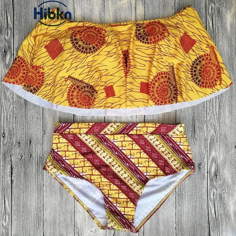 African print high waisted bikini off shoulder swimsuit