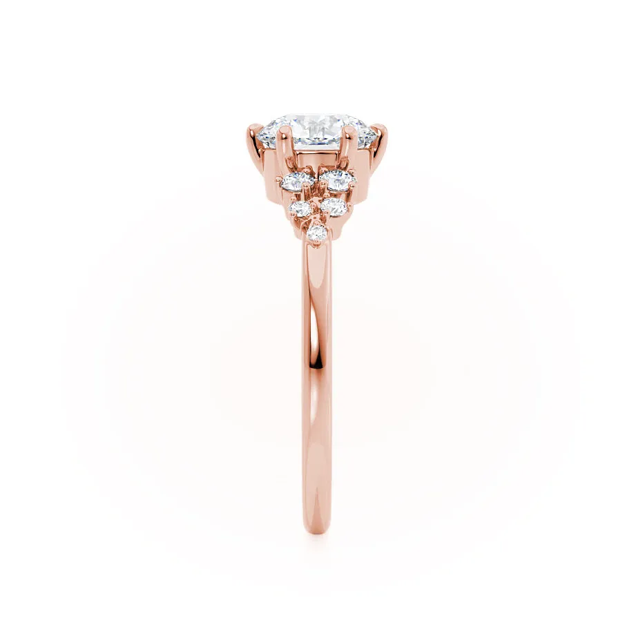 ALYA - Round Moissanite Starburst Cluster Shoulder Set Engagement Ring 18k Rose Gold