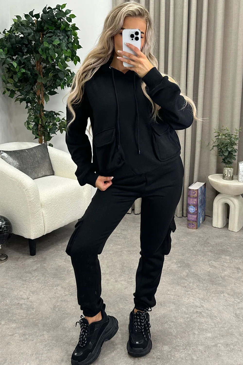 Amani Black Utility Cargo Pocket Oversized Hoodie and Joggers Tracksuit Set