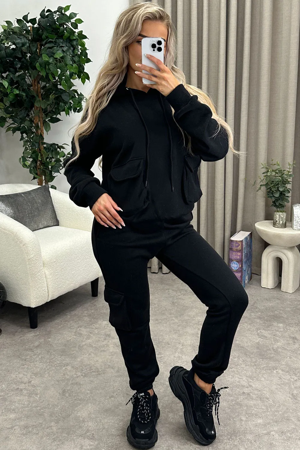 Amani Black Utility Cargo Pocket Oversized Hoodie and Joggers Tracksuit Set