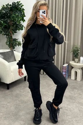 Amani Black Utility Cargo Pocket Oversized Hoodie and Joggers Tracksuit Set