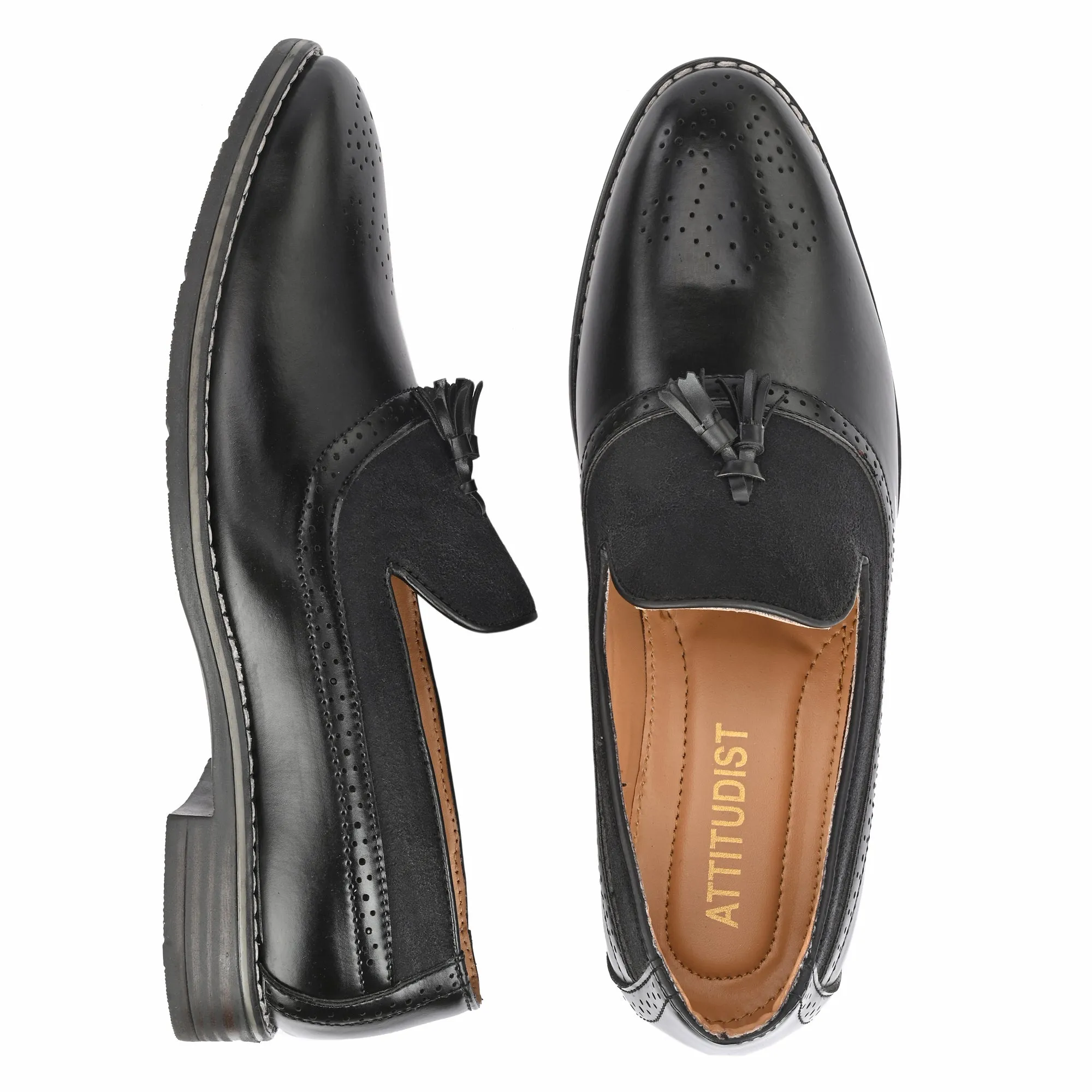 Attitudist Unisex Handcrafted Black Tassel Loafer With Knotted Laces In Moccassin Style