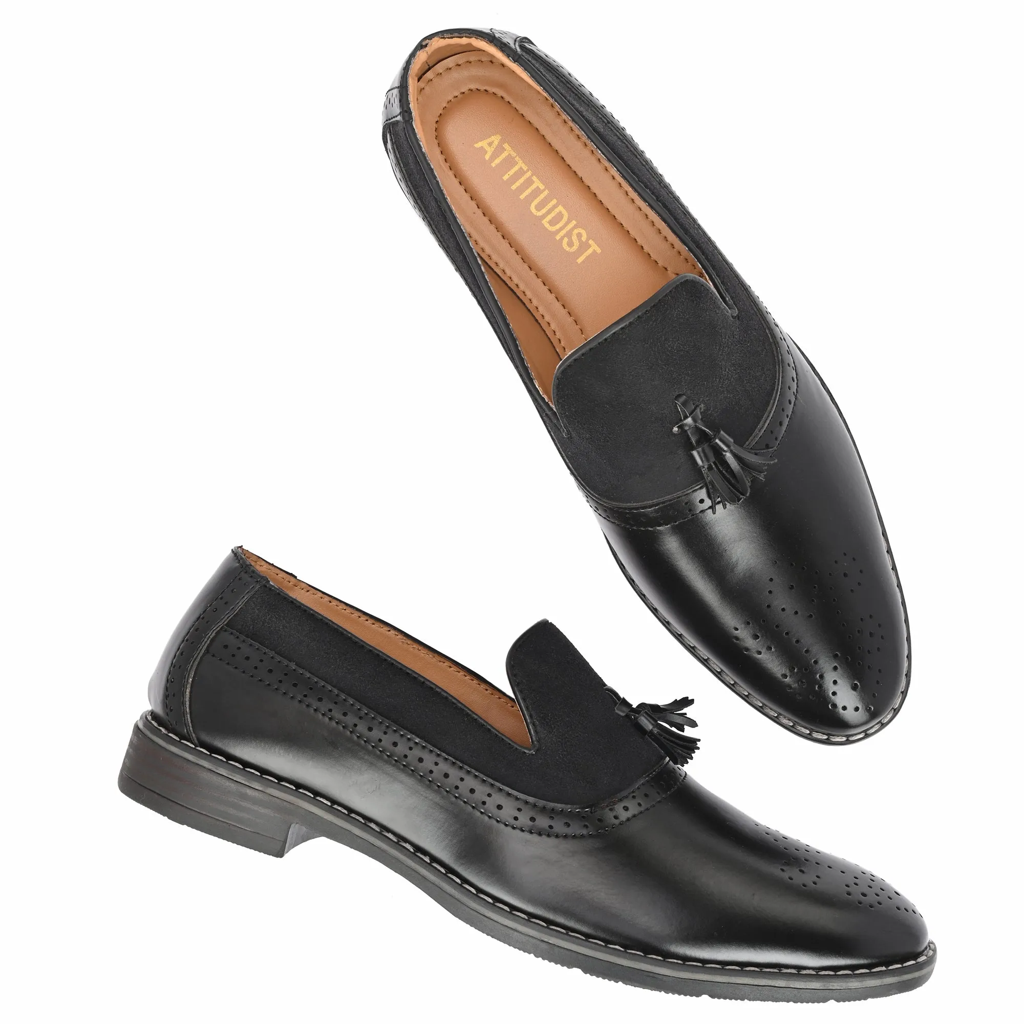 Attitudist Unisex Handcrafted Black Tassel Loafer With Knotted Laces In Moccassin Style