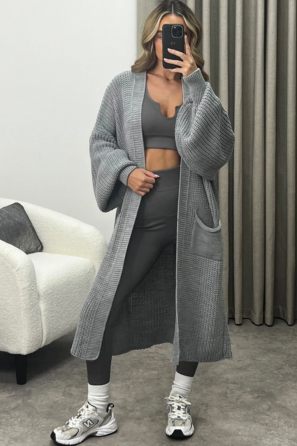 Averi Grey Balloon Sleeve Longline Knitted Cardigan