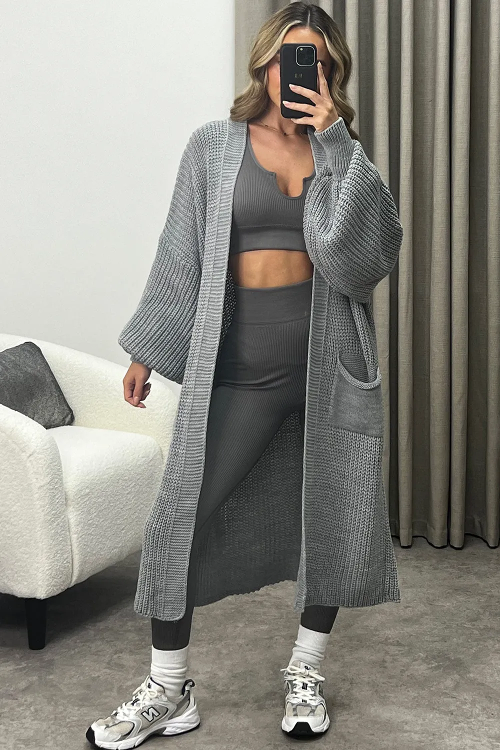 Averi Grey Balloon Sleeve Longline Knitted Cardigan