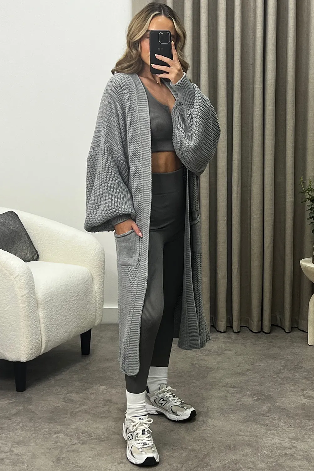 Averi Grey Balloon Sleeve Longline Knitted Cardigan