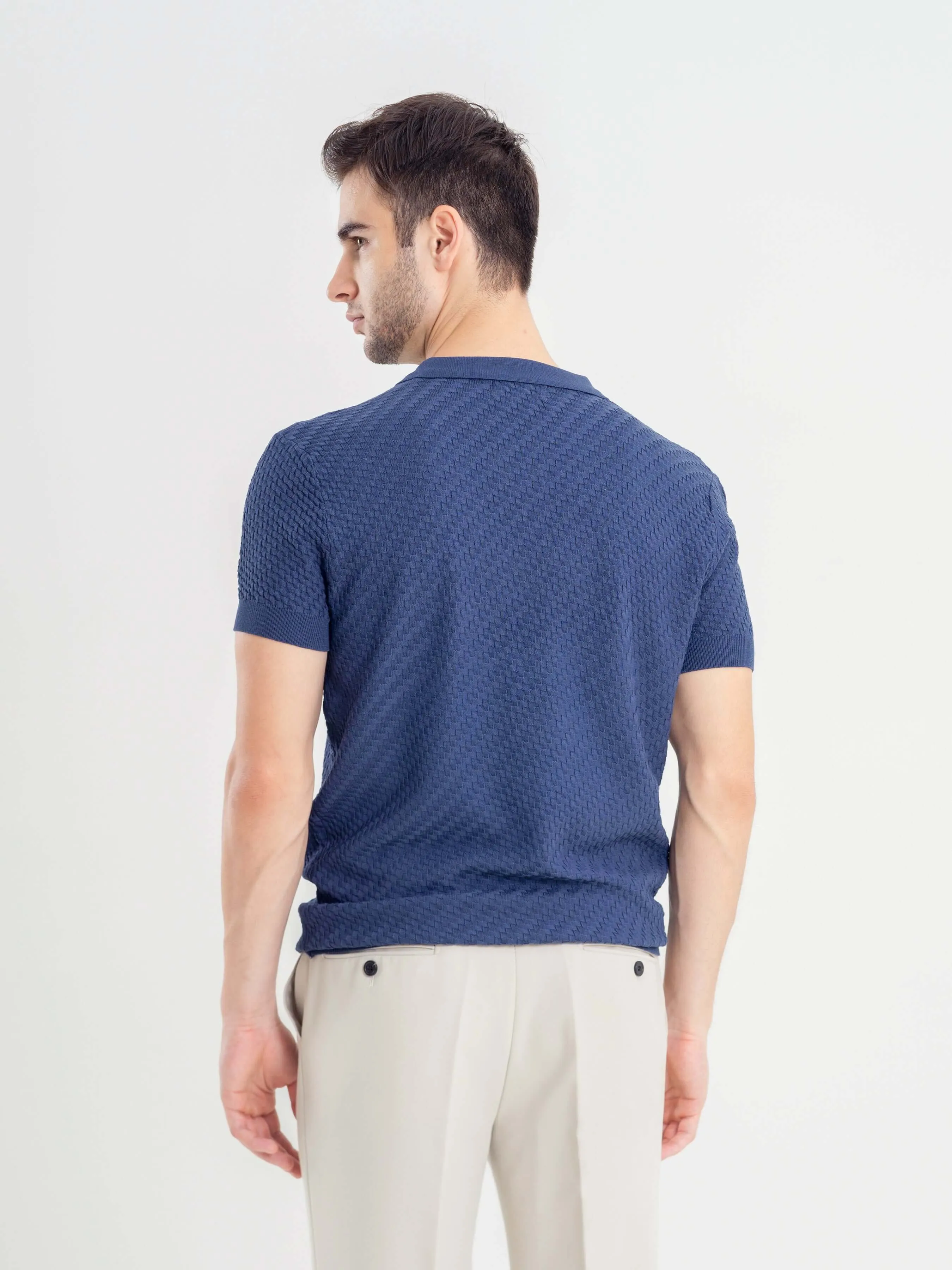 Basketweave Knit Polo Tee - Steel Blue