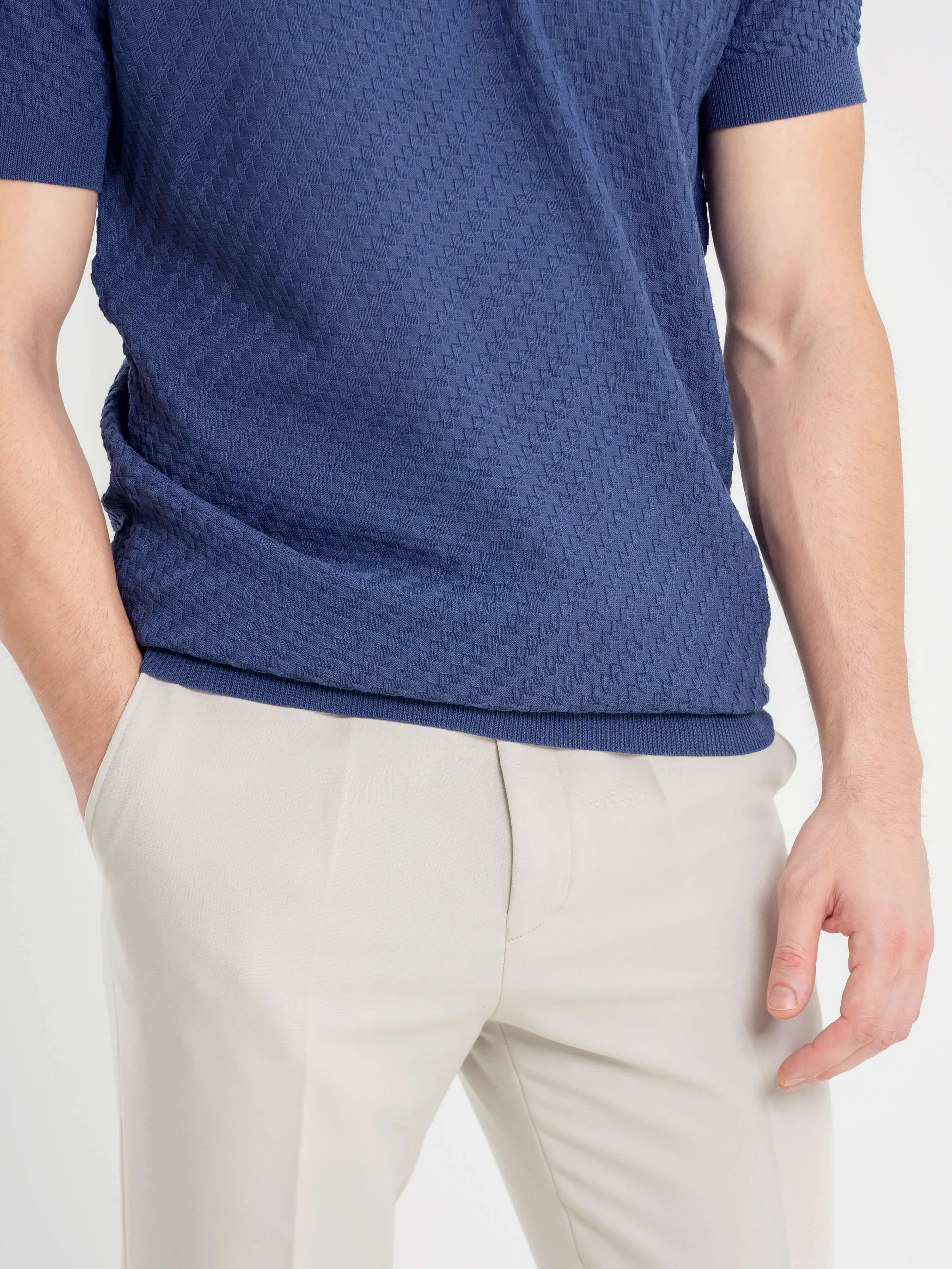 Basketweave Knit Polo Tee - Steel Blue