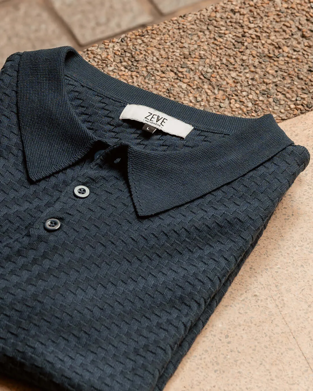 Basketweave Knit Polo Tee - Steel Blue