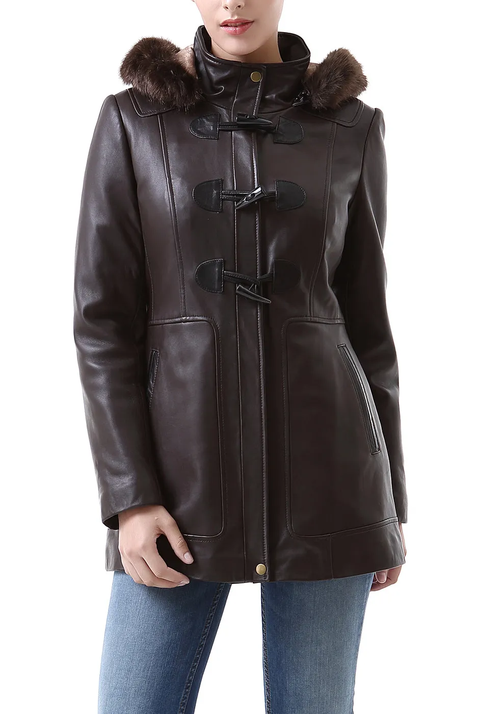 BGSD Women Amanda Hooded Lambskin Leather Toggle Coat