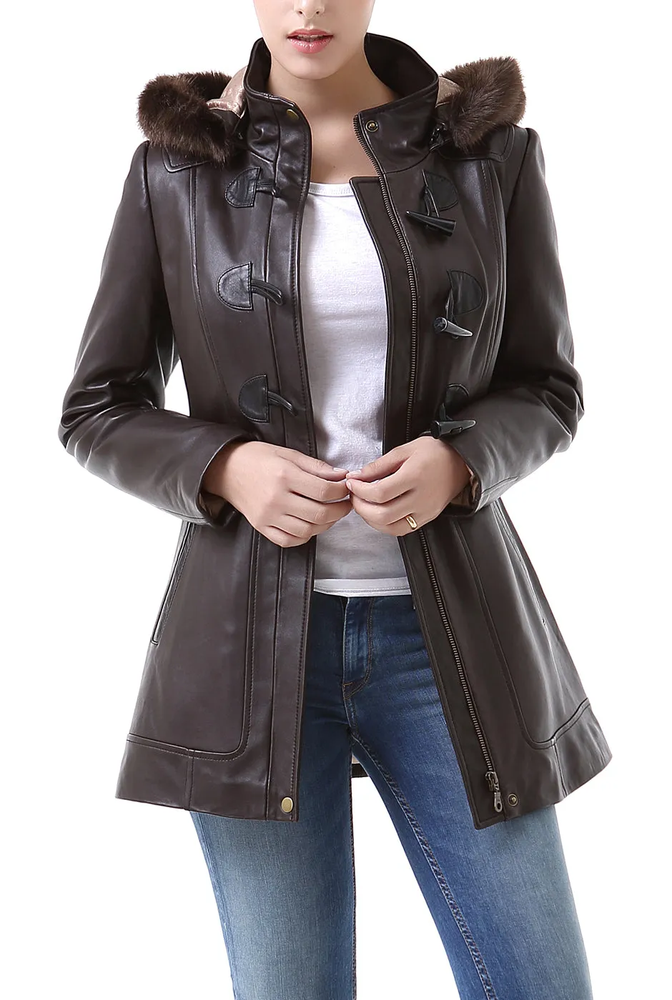 BGSD Women Amanda Hooded Lambskin Leather Toggle Coat