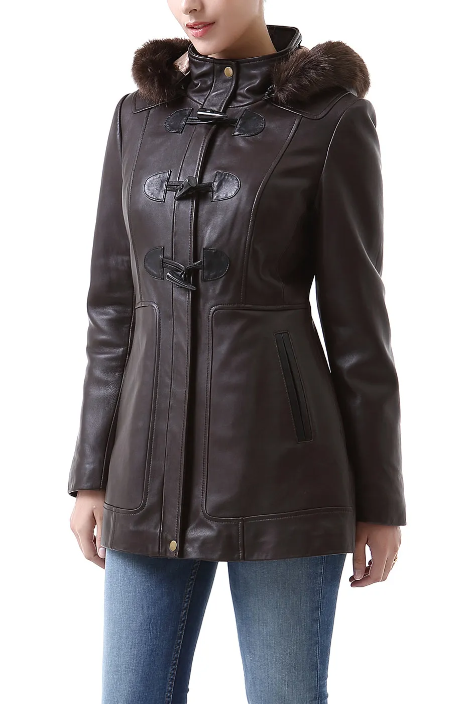 BGSD Women Amanda Hooded Lambskin Leather Toggle Coat