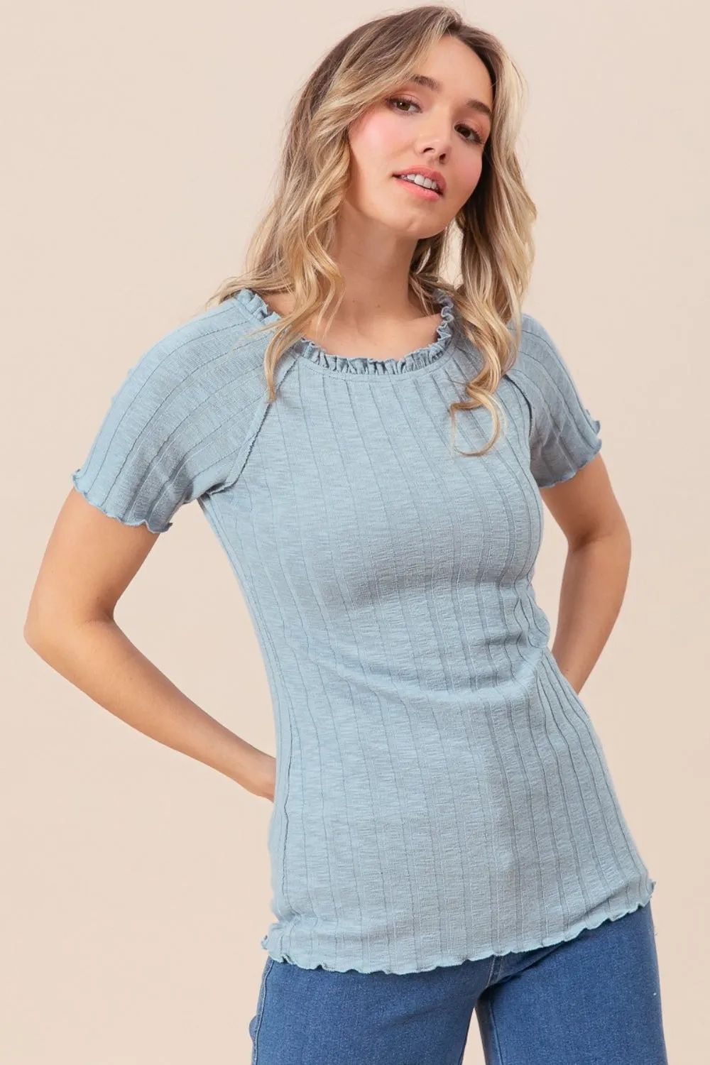 BiBi Ruffle Round Neck Merrow Edge Rib Top