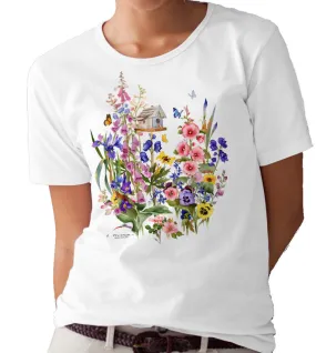 Birdhouse and Garden Flowers T-shirt/tee by Valerie Pfeiffer