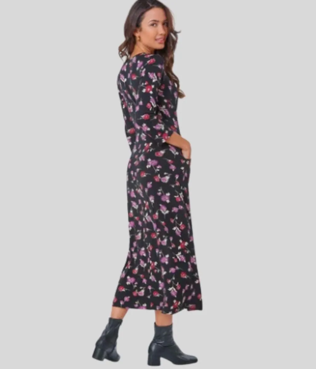 Black Floral Jersey Midi Dress