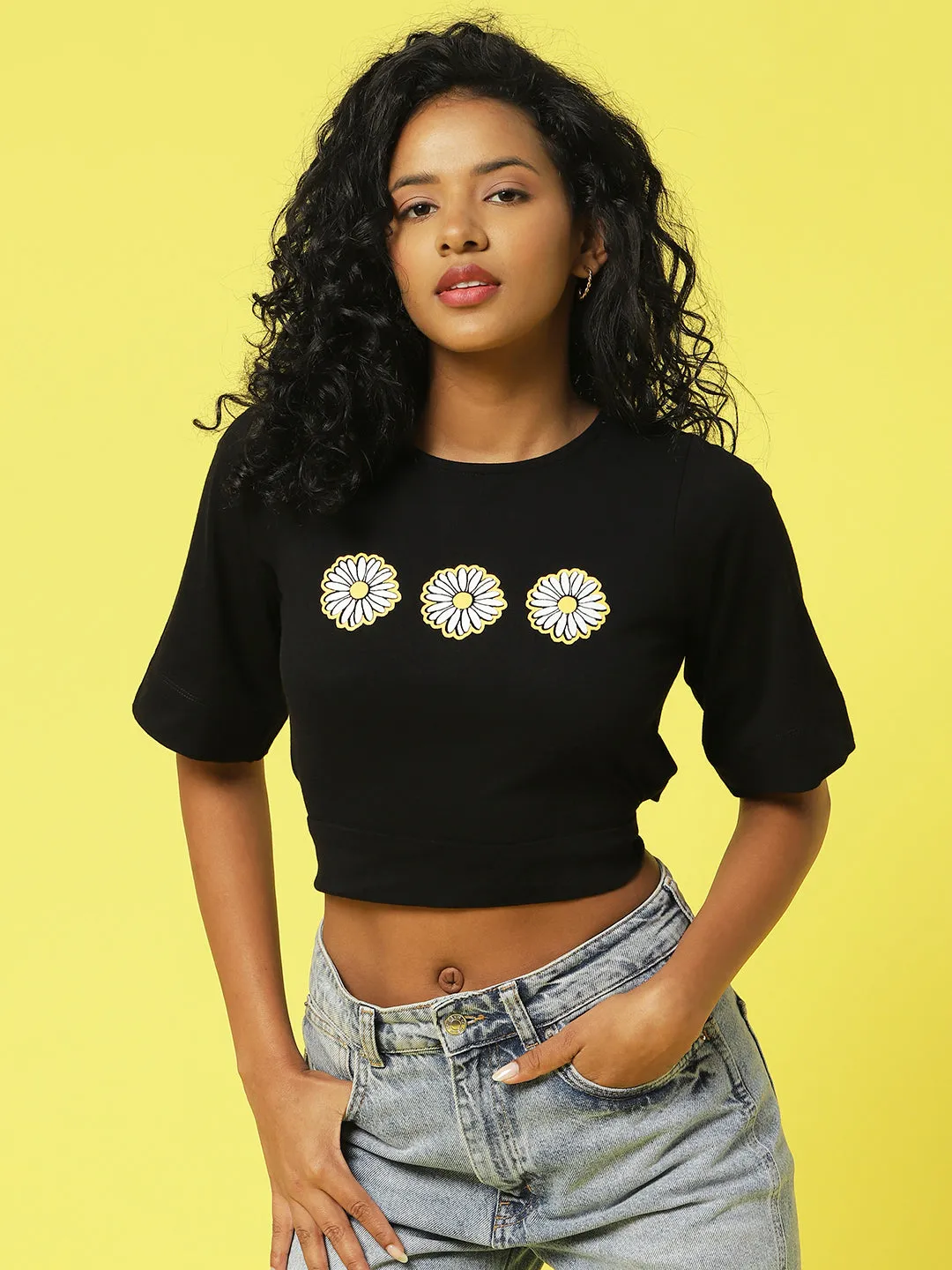 Black Floral Printed Half Sleeves Round Neck Crop Top