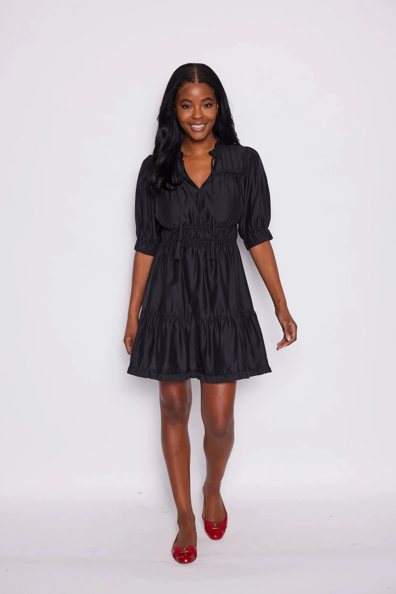 Black Puff Sleeve Cinched Dress