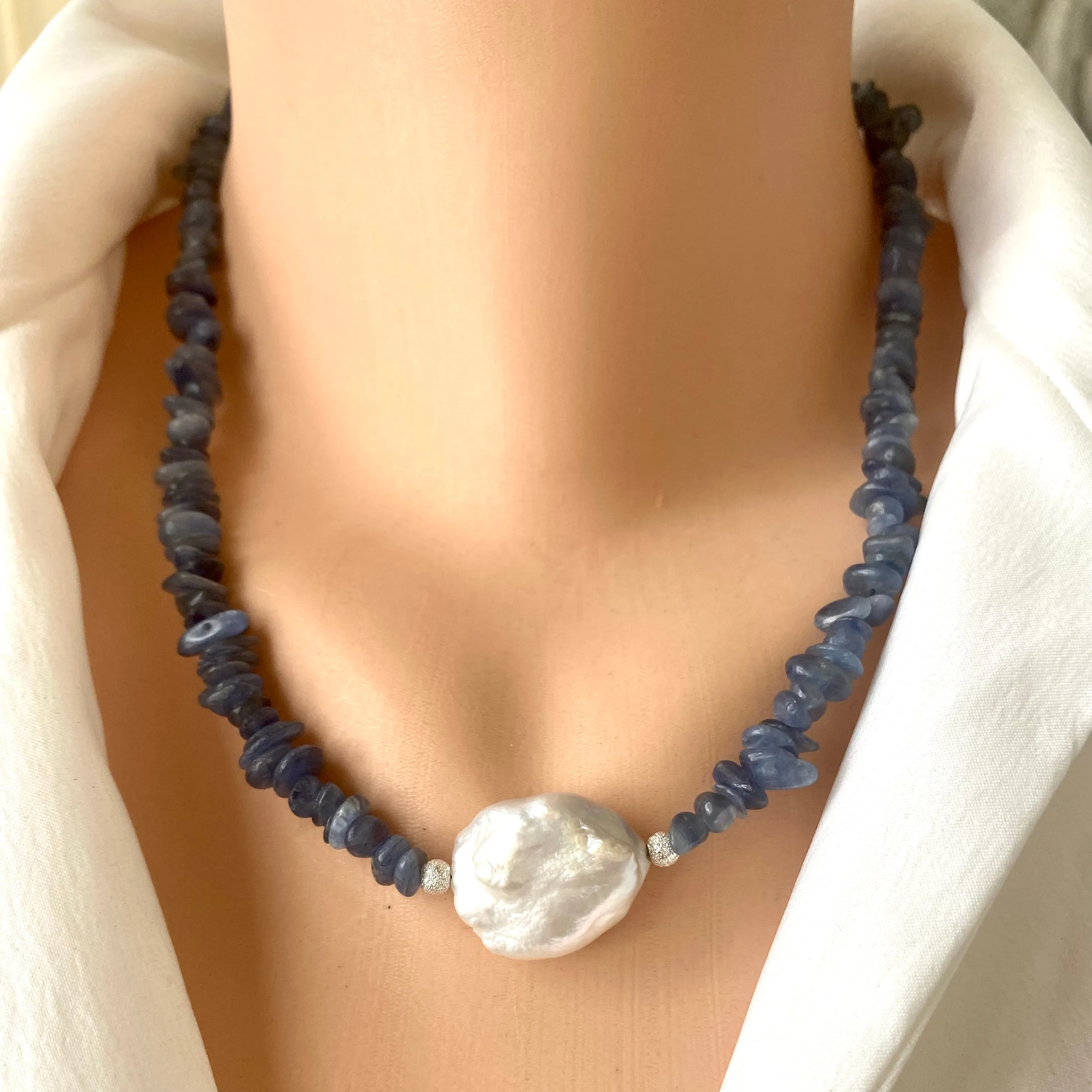 Blue Kyanite Chips and Freshwater Baroque Pearl Necklace, Silver Marine Clasp & Beads, 18.5inches