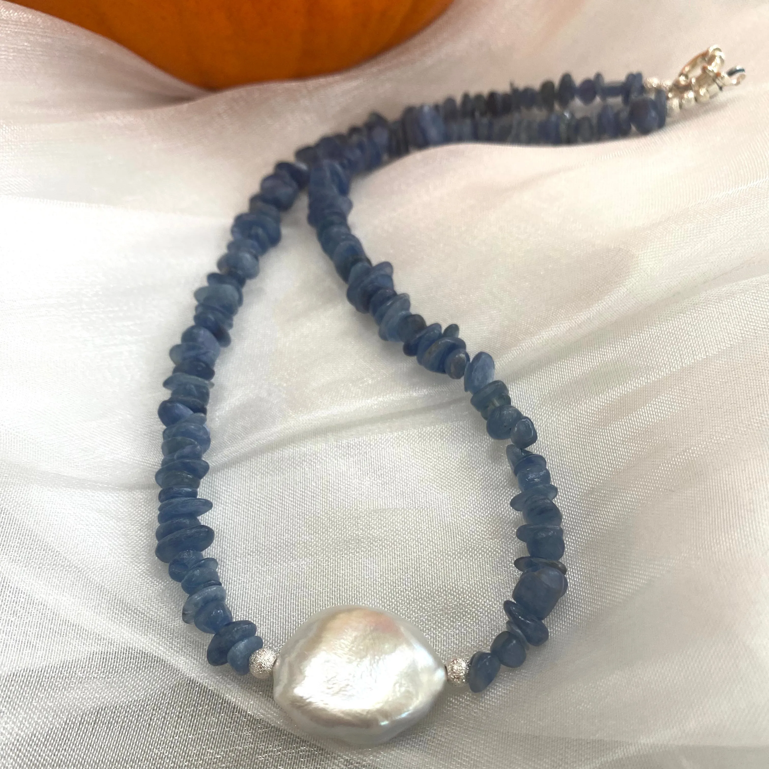 Blue Kyanite Chips and Freshwater Baroque Pearl Necklace, Silver Marine Clasp & Beads, 18.5inches