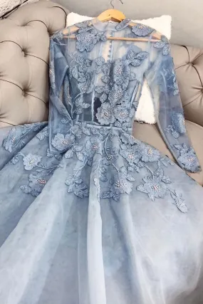 Blue lace tulle long prom dress, blue lace evening dress