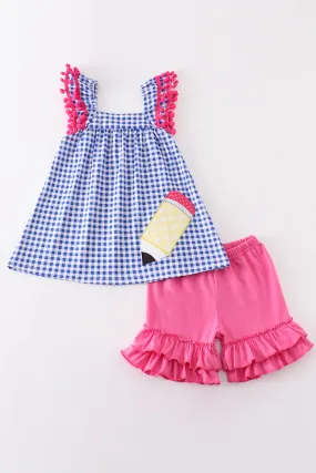 Blue pencil applique plaid girl set