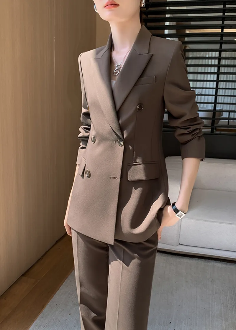 Brown Double Breasted Blazer Wide Pants Suit Two-Piece Set