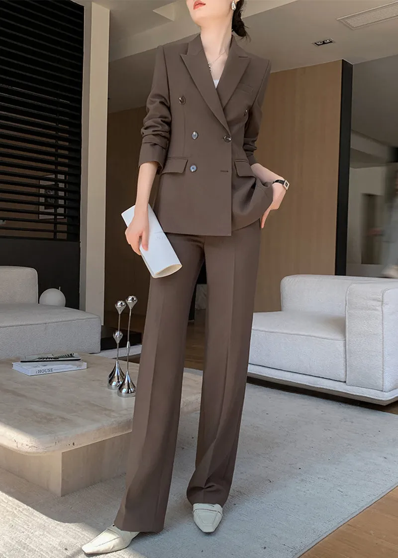 Brown Double Breasted Blazer Wide Pants Suit Two-Piece Set