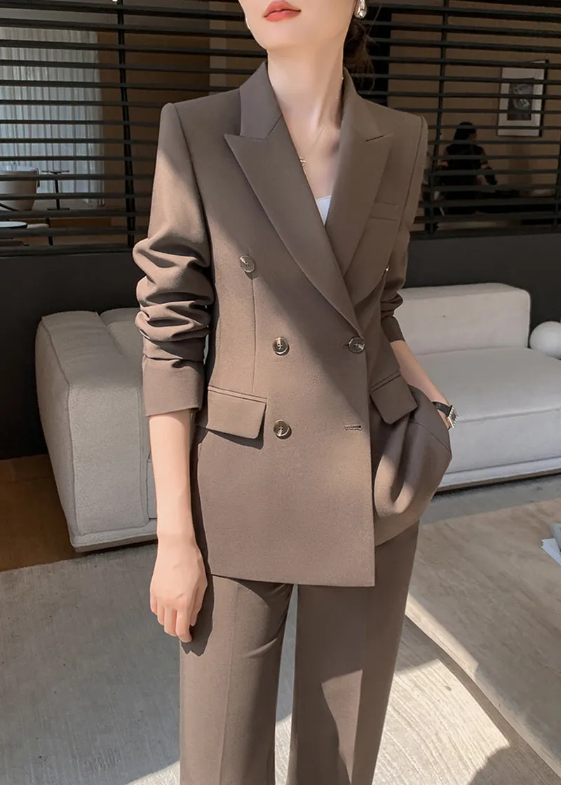 Brown Double Breasted Blazer Wide Pants Suit Two-Piece Set