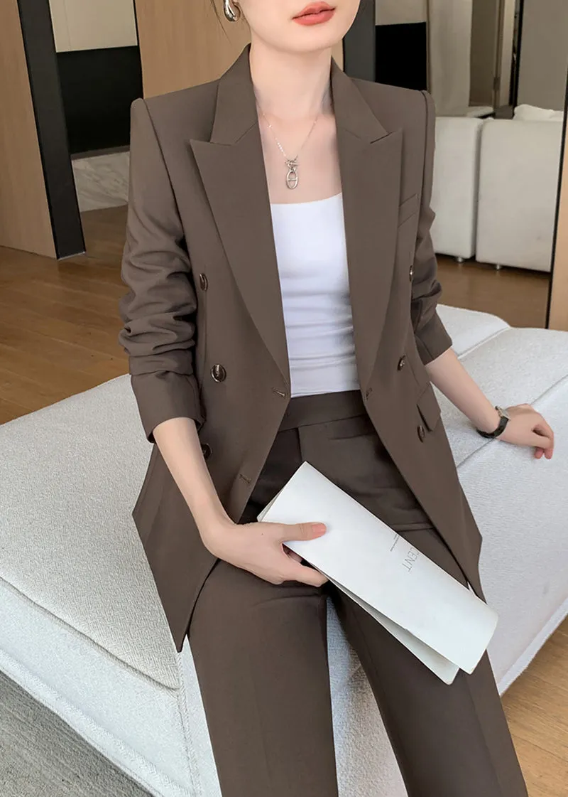 Brown Double Breasted Blazer Wide Pants Suit Two-Piece Set