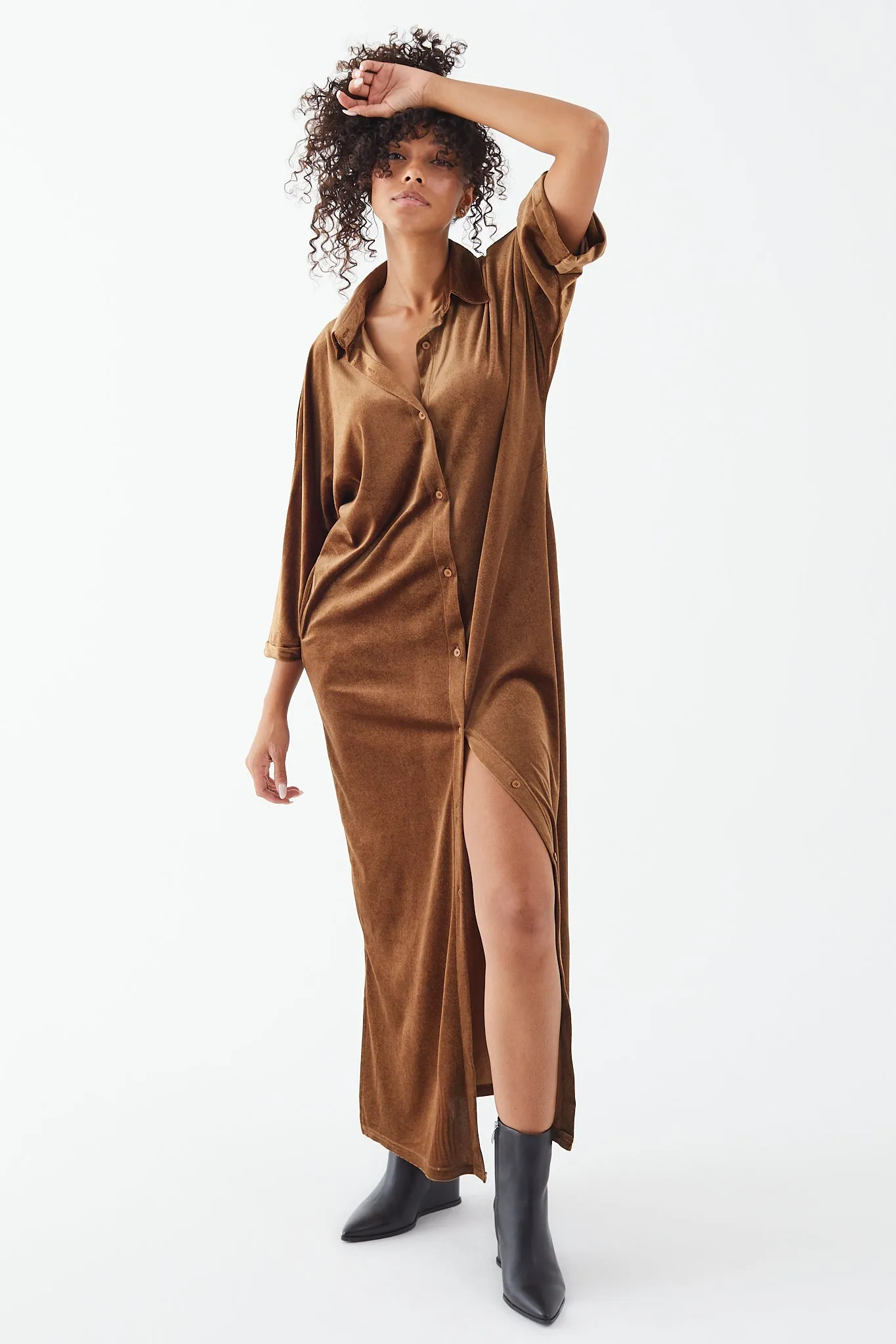 Caramel Velvety Button Down Shirt Dress