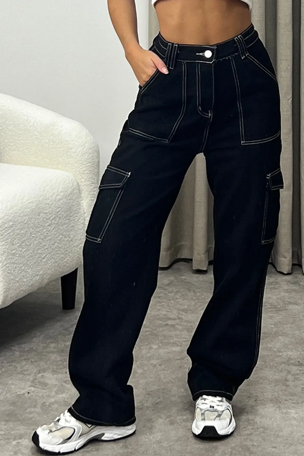 Cassie Black Wide Leg Contrast Stitch Cargo Trousers