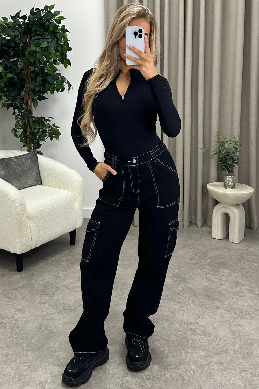 Cassie Black Wide Leg Contrast Stitch Cargo Trousers