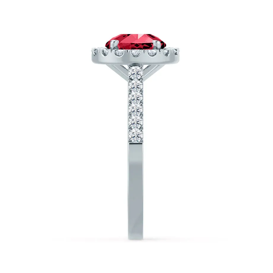 CECILY - Chatham® Lab Grown Red Ruby & Diamond Platinum Halo Ring