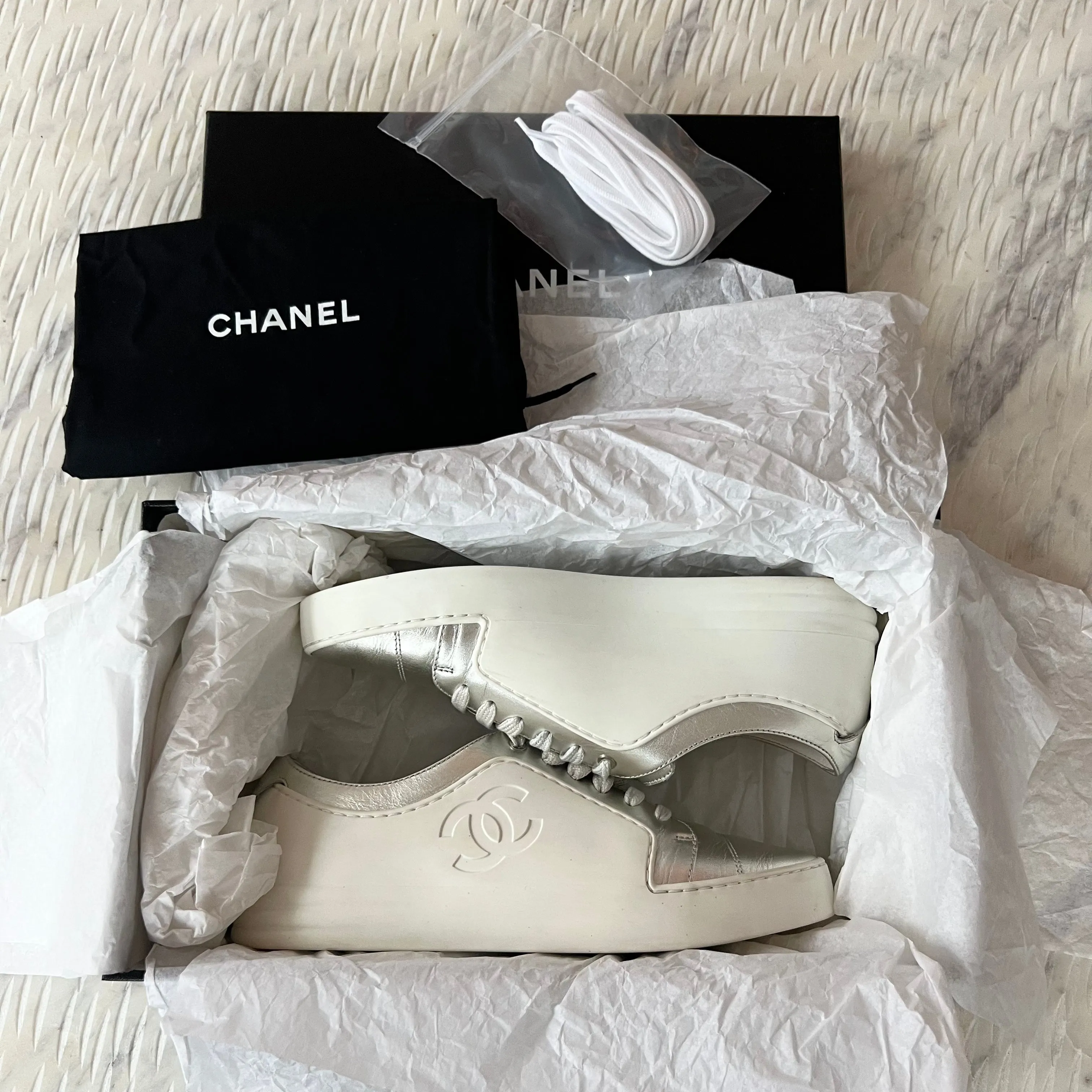 Chanel Silver CC Leather Low Top Sneakers