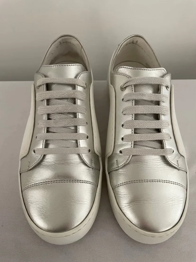 Chanel Silver CC Leather Low Top Sneakers