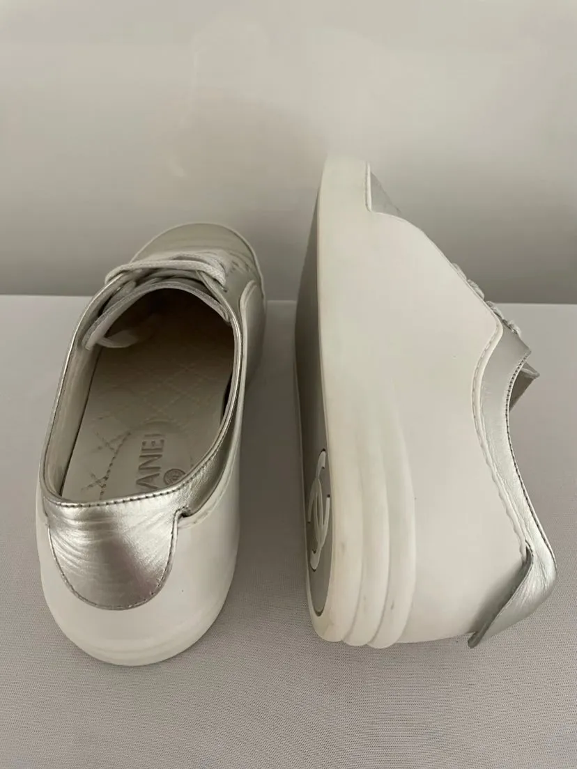 Chanel Silver CC Leather Low Top Sneakers