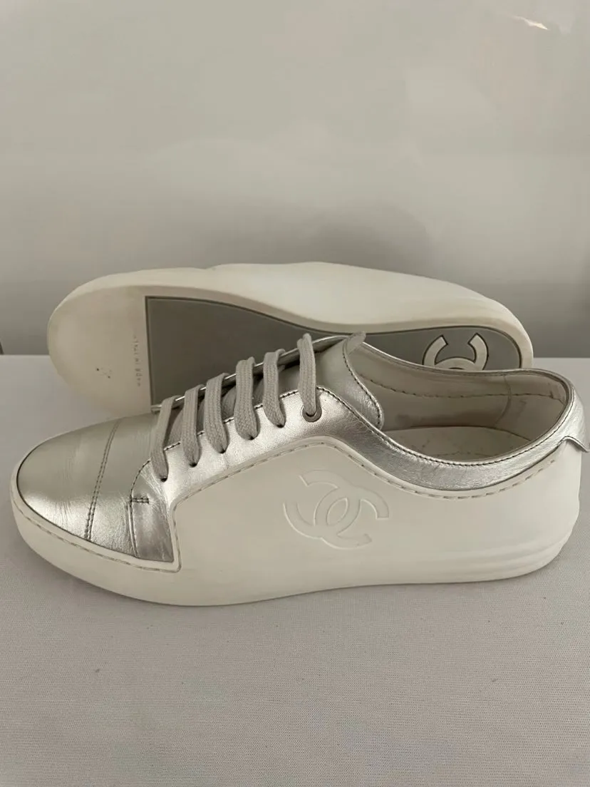 Chanel Silver CC Leather Low Top Sneakers