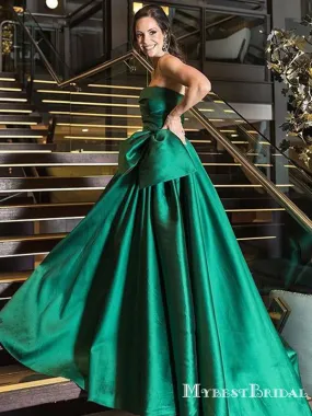 Charming Strapless Green Satin A-line Long Cheap Fromal Party Evening Dresses, Prom Dresses, PDS0061